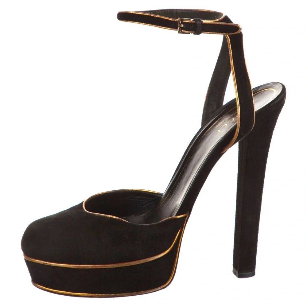 Gucci Black Suede w/ Gold Piping Huston Ankle Strap Platform Pumps​